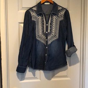 Nurture Boho Embroidered Jean Button Down Shirt